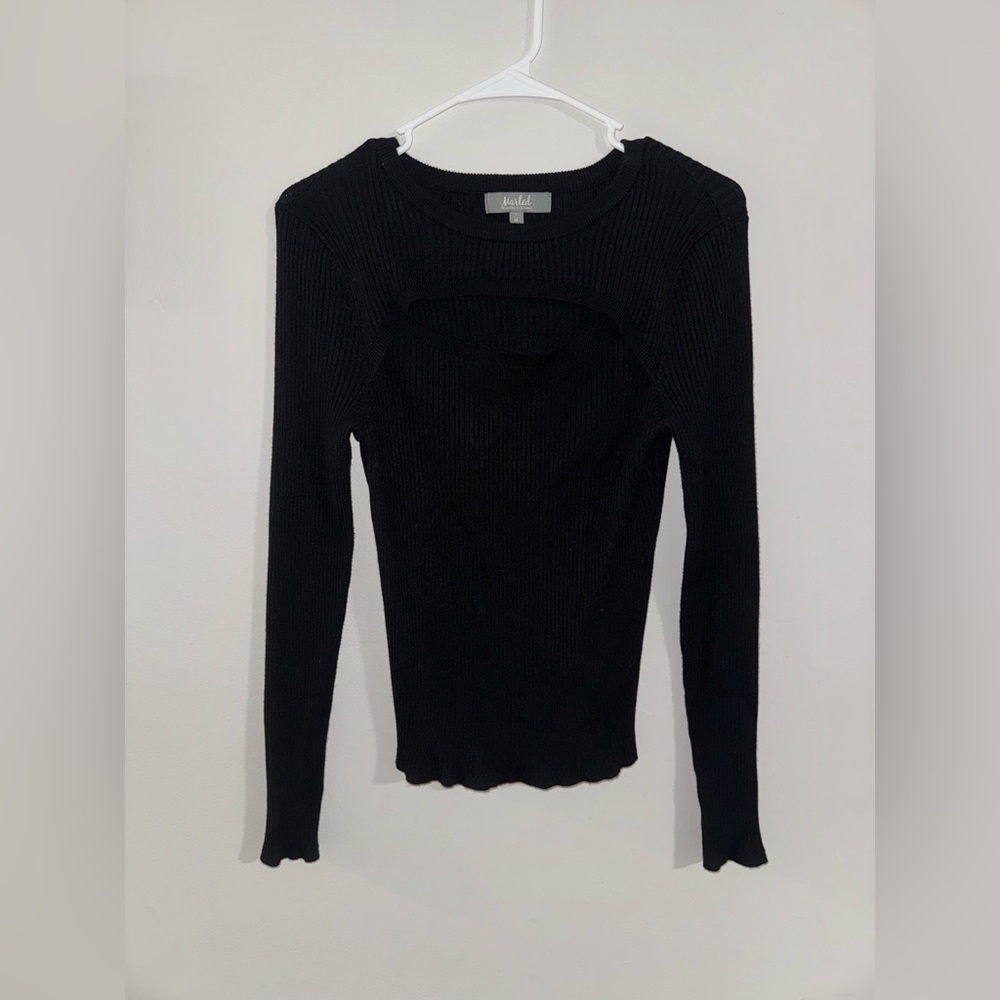 Marled Reunited Clothing Black Ribbed Cut-Out Long Sleeve Top - Size Medium